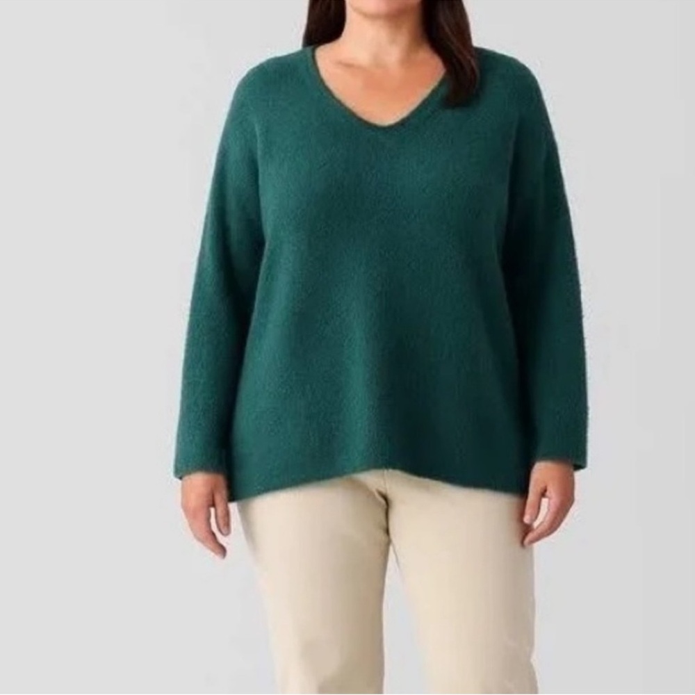 Eileen Fisher‎ Woman Size L Organic Cotton Eyelash V-neck Sweater Top Pine